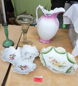 Pitcher, candle holders, candy or relish or condiment dishes