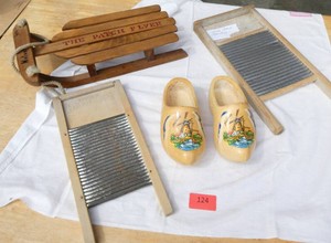 Two small wash boards, small sled dcor, wood shoes