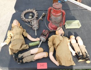 WAAC dolls from WWII lantern and misc vtg items, big thread spool