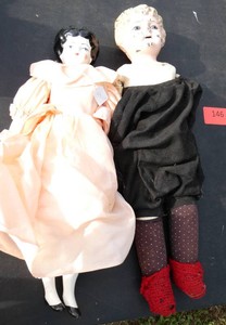 Antique german metal head doll and porcelain