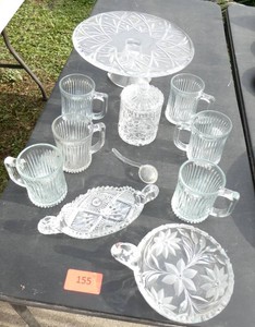 Mikasa glass cake plate, 6 mugs, 2 dishes and a covered canister