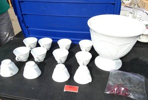 White glass punch bowl and 12 cups 10 across 9 tall