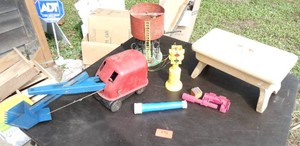 Vintage tin steam shovel, train water tower, light, step stool