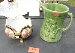 Vintage ceramic potter pitcher and porcelain bowl