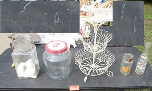 3 tier metal basket, vintage jar and canister, Heinz pickle jar and a Whistle soda bottle