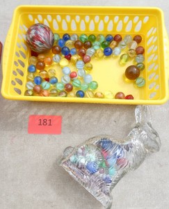 Vintage marbles and a 1940s Peter Rabbit full of marbles