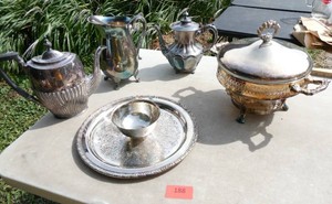 Group of silverplate - pitcher, coffeepots, chafing dish, platter