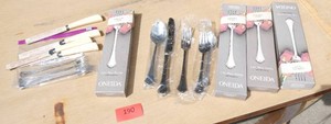 Four New Oneida Anticipation Stainless 5 pc place settings of silverware and 4 steak knives and 4 pickle forks