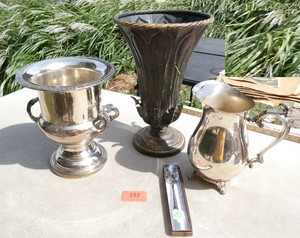 Silverplate ice bucket, pitcher, 14 in metal vase and a spoon