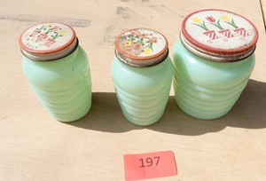 Vintage 1940s Anchor Hocking Fire-King Jadeite beehive grease jar with a matching Salt & Pepper with tulip-pattern tin lid