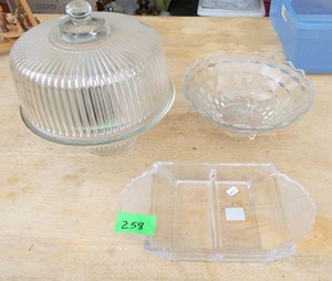 Clear glass Covered Cake plate 11 in, veggie dish and serving bowl