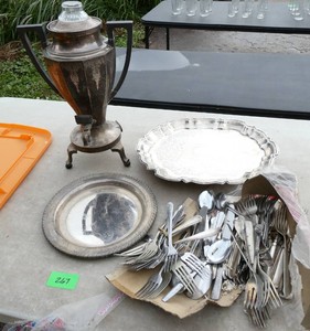 Bunch of silverplate silverware, platters and coffee pot