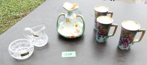 Bavarian Lead Crystal cream and sugar, 6 Antique Usona Goodwin Handled Mugs