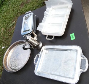 Silverplate platters, 3-section relish tray, serving dish, teapot