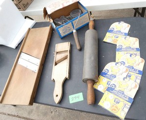 Kraut cutter, rosette irons,  tin rolling pin, Mendets