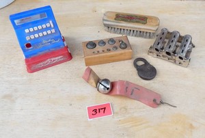 Vintage Scale weight set, plastic cash register, bell, lock, coin dispenser