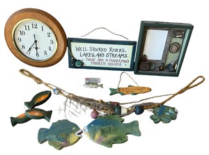 Fishing-Themed Cabin & Lake Dcor Lot  Clock, Signs, Fish & Net