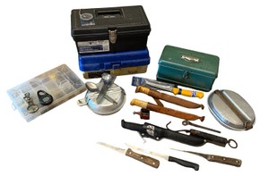 Vintage Fishing Gear & Tackle Lot  Rod Holders, Knives, Tackle Boxes & Accessories