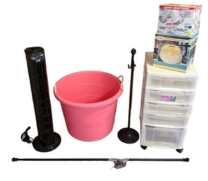 Household Storage & Lighting Lot  Tower Fan, Drawer Cart, Tub & Lights
