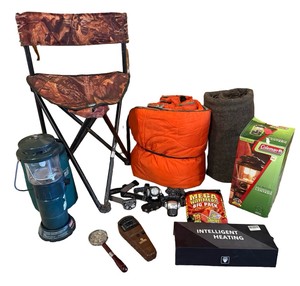 Outdoor Camping & Hunting Gear Lot  Coleman Lantern, Camo Chair, Sleeping Gear & Accessories