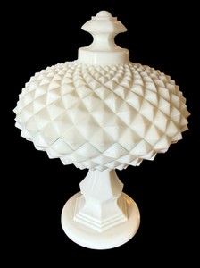 Vintage Milk Glass Diamond Point Pedestal Candy Dish with Lid