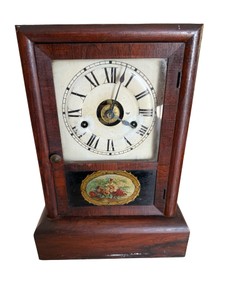 Vintage Wood Mantel Clock with Roman Numerals & Floral Detail