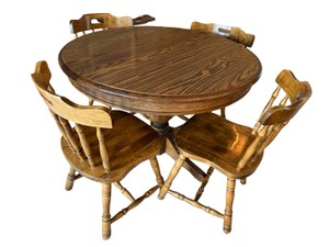 Solid Wood Round Dining Table & 6 Windsor-Style Chairs