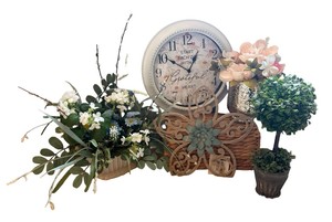 Farmhouse Floral Home Dcor Lot  Clock, Topiary, Floral Arrangements & Butterfly