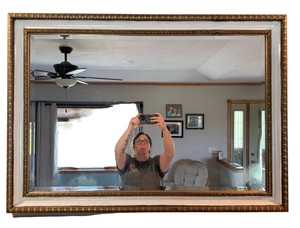 Large Rectangular Beveled Wall Mirror with Ornate Gold-Tone Frame