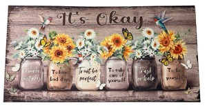 Its Okay Sunflower & Mason Jar Inspirational Canvas Wall Art