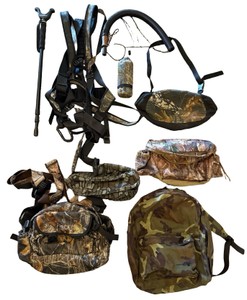 Hunting Gear Lot  Camo Backpacks, Harnesses, Seat & Shooting Stick