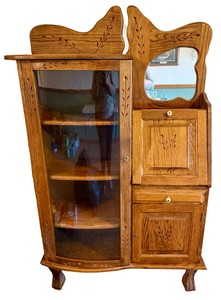 Antique Victorian Oak Secretary Desk with Curved Glass Display Cabinet & Mirror
