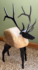Rustic Metal Elk Sculpture with Stone Body  Lodge Cabin Dcor