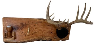 Rustic Live Edge Wood Wall Clock with Mounted Deer Antlers
