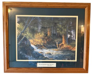 Framed Whitetail Deer Woodland Print with Psalm 4610 Scripture