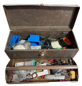 Vintage Metal Toolbox with Assorted Hand Tools & Hardware