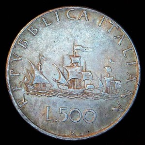 1966 R Italy Silver 500 Lire Caravels, VFXF, Original Skin, Lettered Edge
