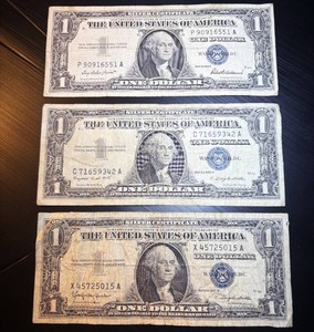 (3) 1957 $1 Silver Certificates - Sequential Series Base, A & B