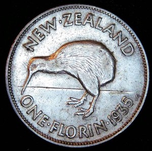 XF 1935 Silver New Zealand 1 Florin, Some Luster, Scarcer Date, Original Skin