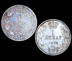 (2) Silver Serbian Dinars - VF 1897 & XF 1915, Original Skins