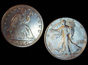 (2) Cleaned Silver Half Dollars - AU 1942 D Walker  1874 Seated
