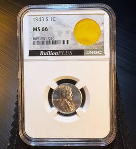1943 S Steel Penny, WWII Parachute Fragment, NGC MS66