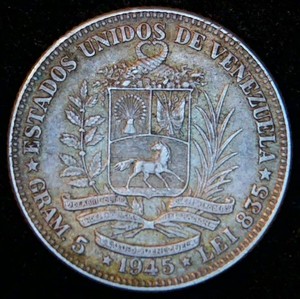 AU 1945 Venezuela Silver 1 Bolivar, Original Skin, Very Light Circulation