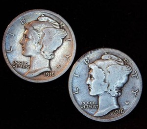 (2) 1916 Mercury Dimes, Philly looks VF, Original Skins