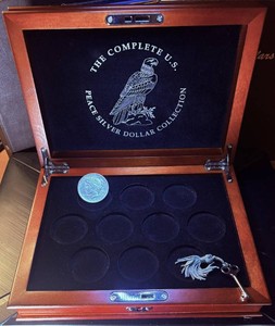 Key XF 1921 Peace Dollar and Full Set Wood Display Box - Details