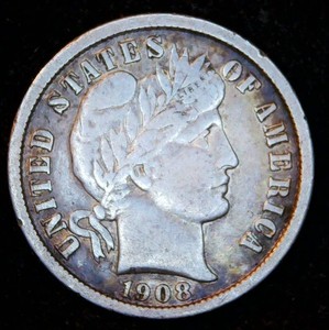 1908 P Barber Dime VFVF, Full Liberty