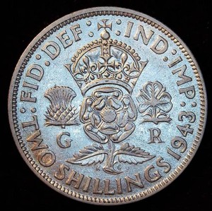 Wartime 1943 Great Britain Silver Two Shillings, XFAU
