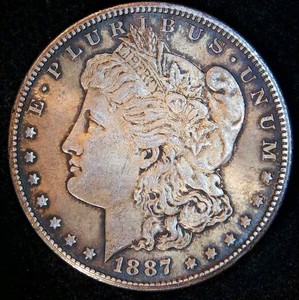 Stunning AU 1887 S Morgan Dollar Toner, Distinct pinwheels shine through complex bronze toning