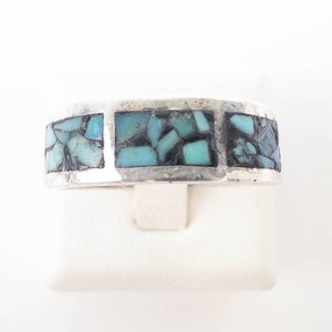Turquoise Inlaid Sterling Silver Band, Size 10.25