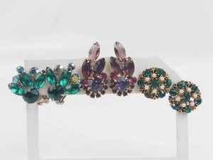Rhinestone Statement Clip-On Earrings - Colorful Floral Designs (Lot of 3)